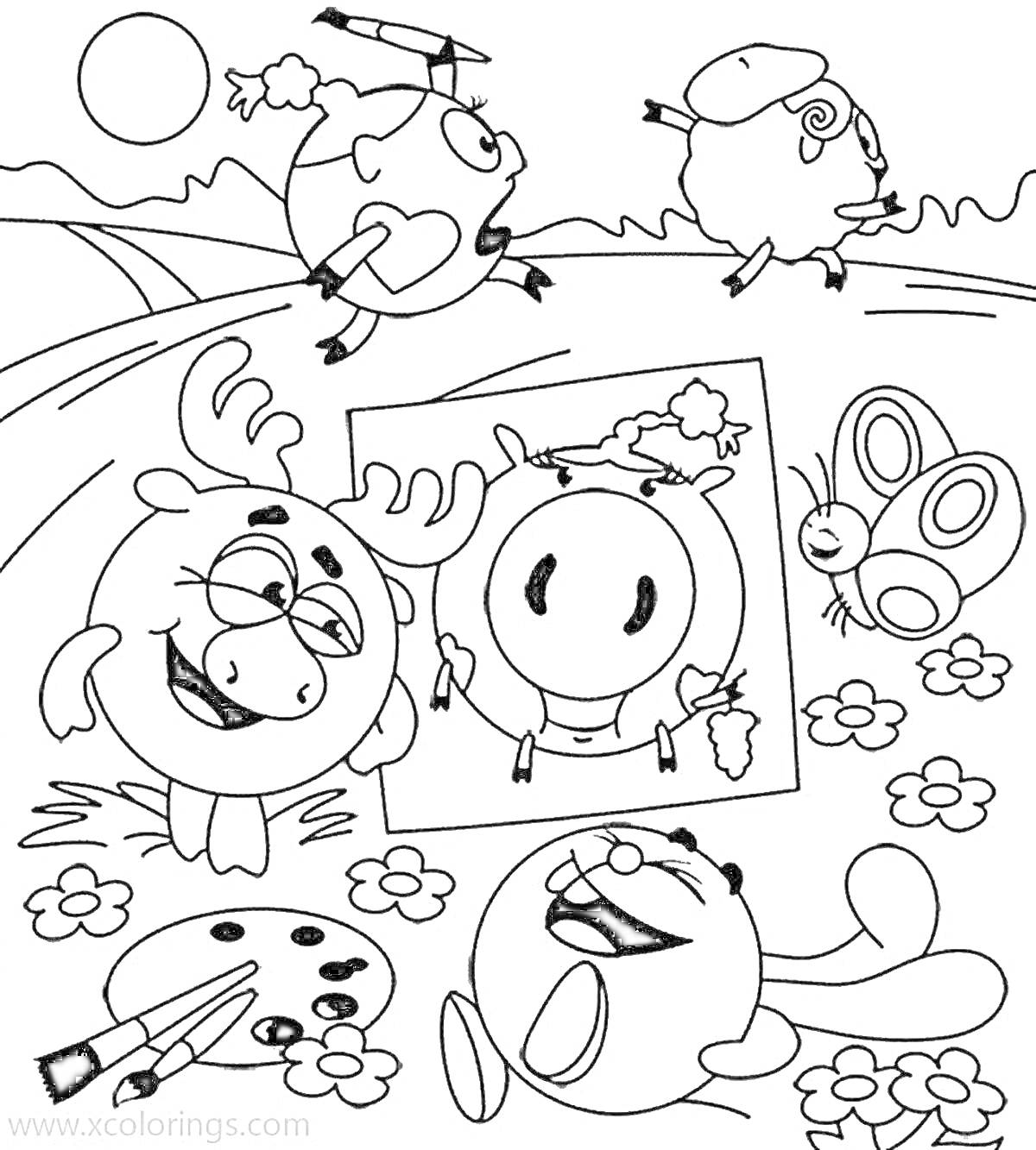 Раскраска Раскраска с персонажами Смешариков, рисующими картину в поле с цветами