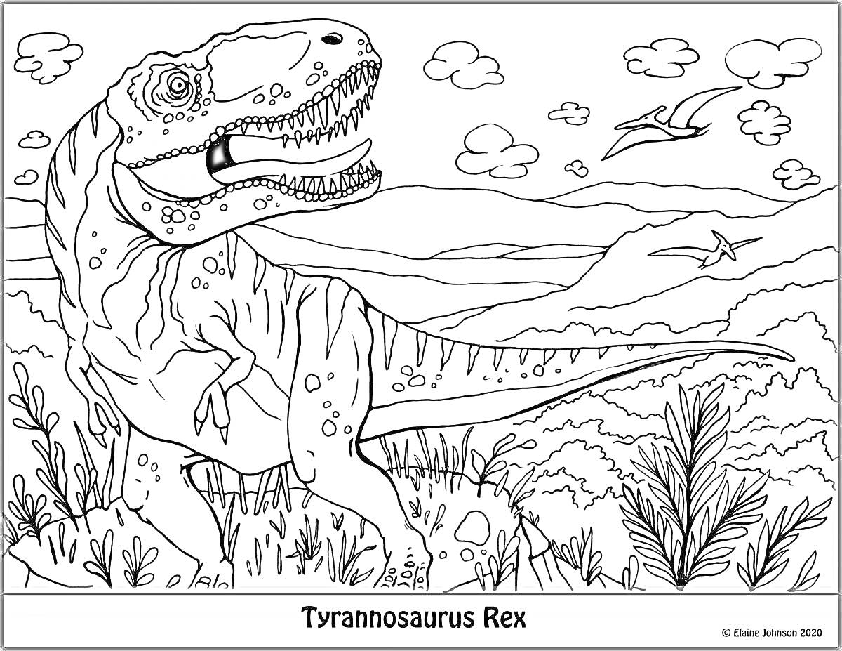 Раскраска Тираннозавр Рекс на фоне пейзажа с горами, кустами, облаками и летающим динозавром