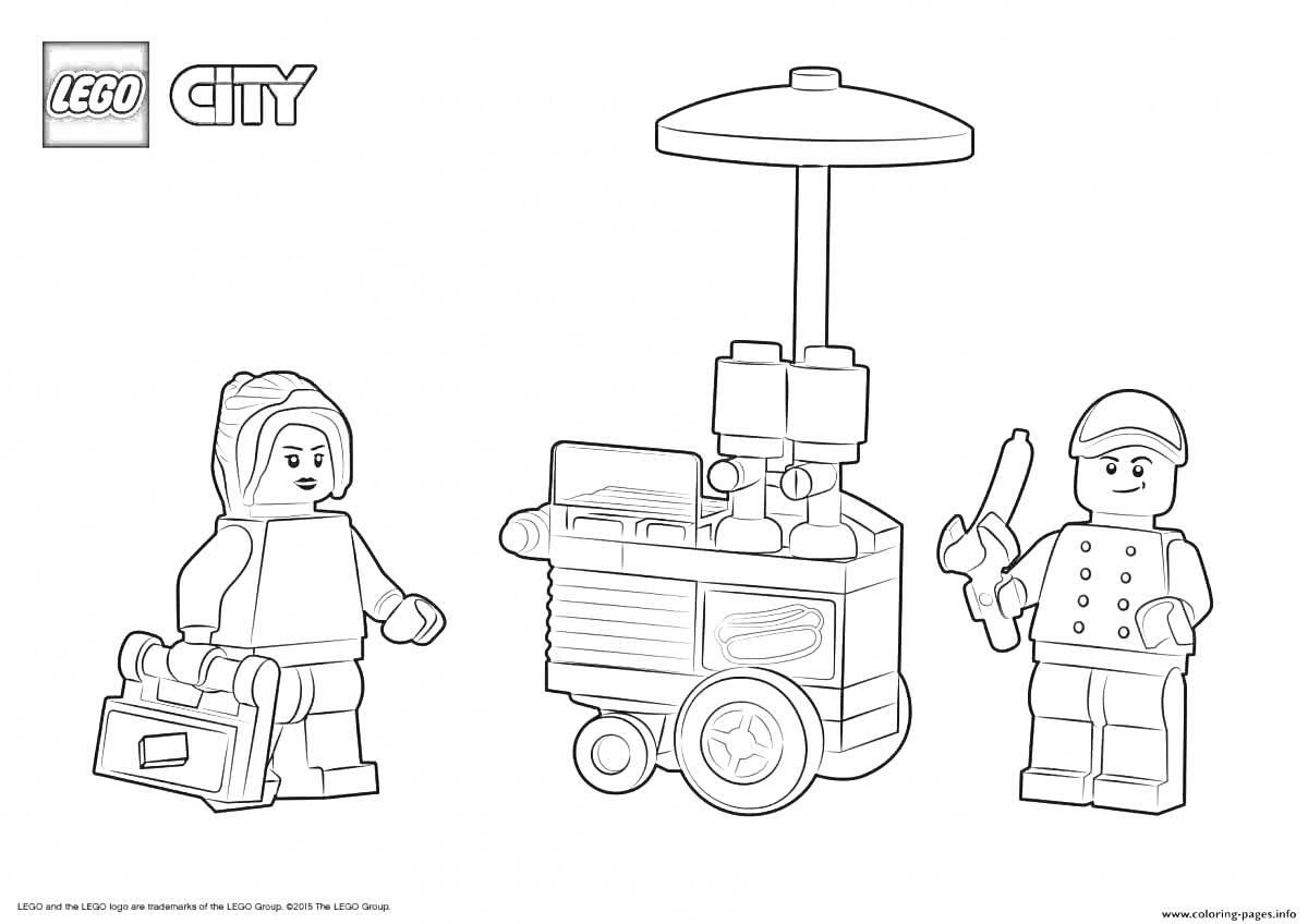 На раскраске изображено: Лего, Минифигурки, Хот-доги, Игрушки, Конструктор