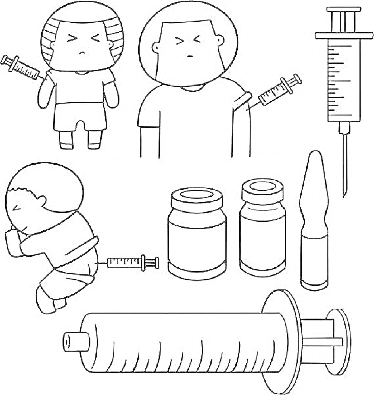 На раскраске изображено: Шприц, Флаконы, Медицинские инструменты, Человек