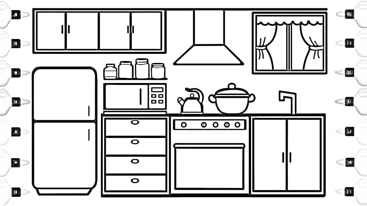 Раскраска Кухня с холодильником, шкафчиками, плитой, вытяжкой, кастрюлями, мисками, микроволновкой и окном с занавесками