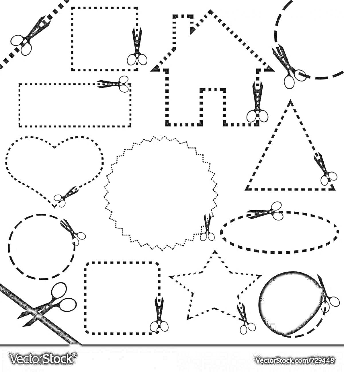Раскраска Раскраска для вырезания ножницами: квадрат, дом, овал, сердце, ломаный круг, треугольник, прямоугольник, овал с линиями, звезда, круг, два пересекающихся прямоугольника