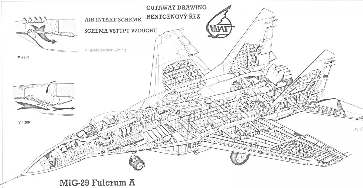 Раскраска МиГ-29 с деталями внутрянней структуры, схемой воздушного впуска и подсказками по украшению