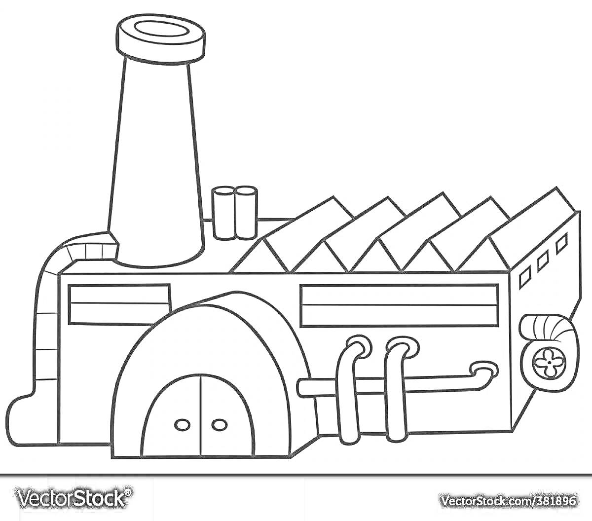 Раскраска Завод с трубой, цилиндрами, фасадом с дверями, вентиляцией и трубами