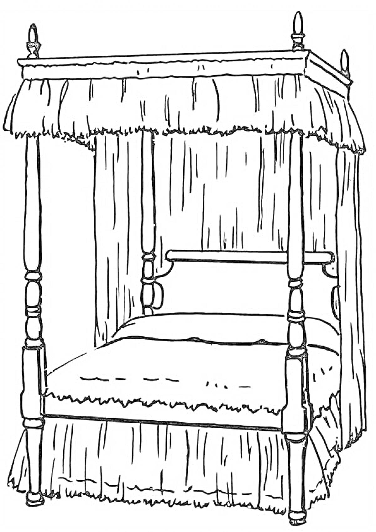 Раскраска Кровать с балдахином, состоящая из четырех опорных стоек, с занавесками сверху и снизу.