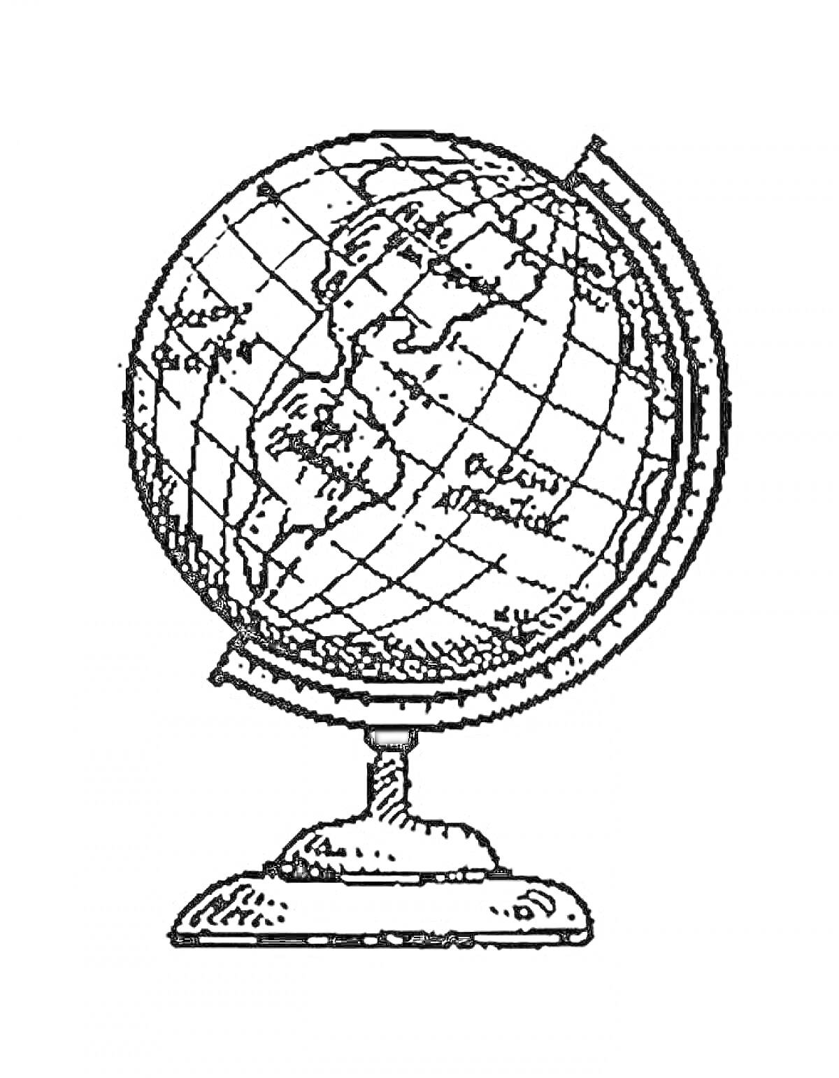 На раскраске изображено: Глобус, Карта мира, Подставка, География, Континенты, Океаны, Наука, Земля