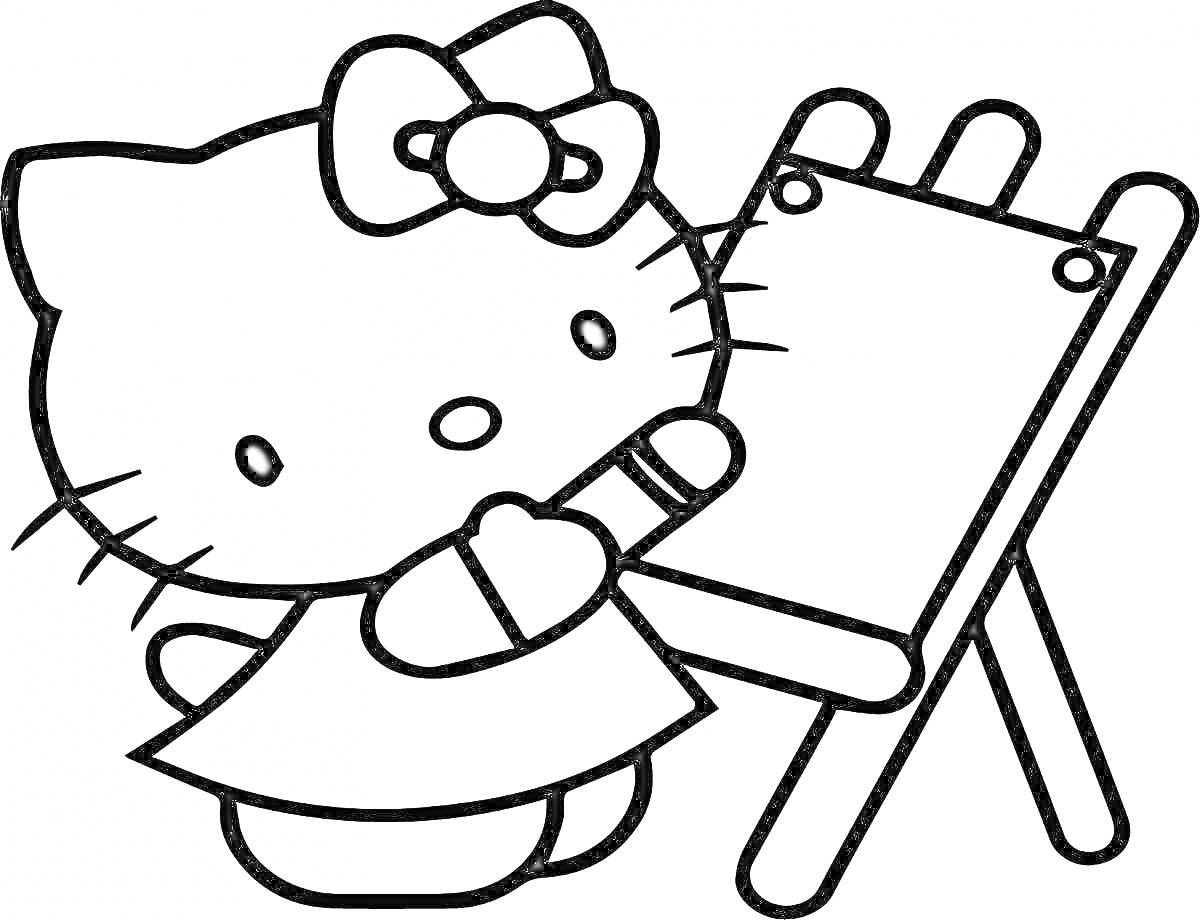 На раскраске изображено: Hello Kitty, Мольберт, Платье, Карандаши, Бант, Кот