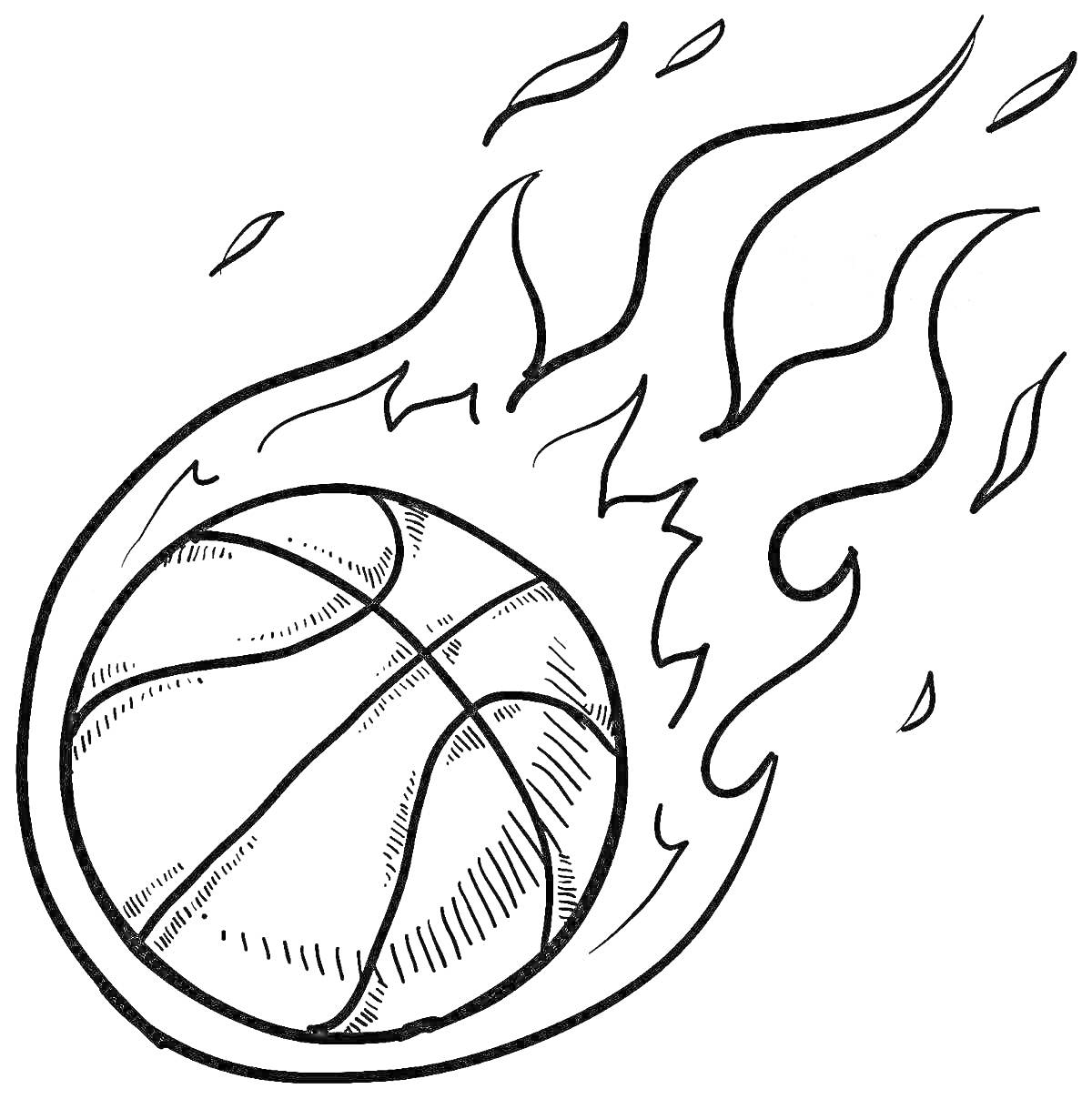 На раскраске изображено: Баскетбол, Пламя, Спорт, Огонь