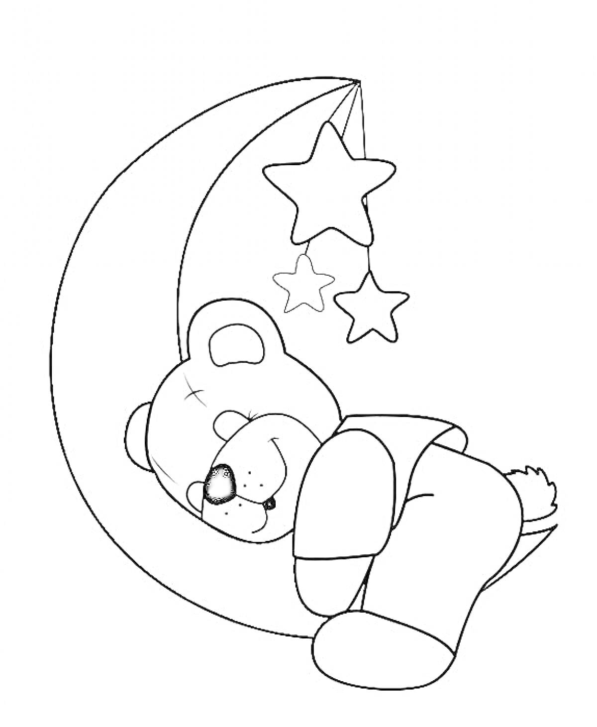 Раскраска Мишка спит на луне с висящими звездами