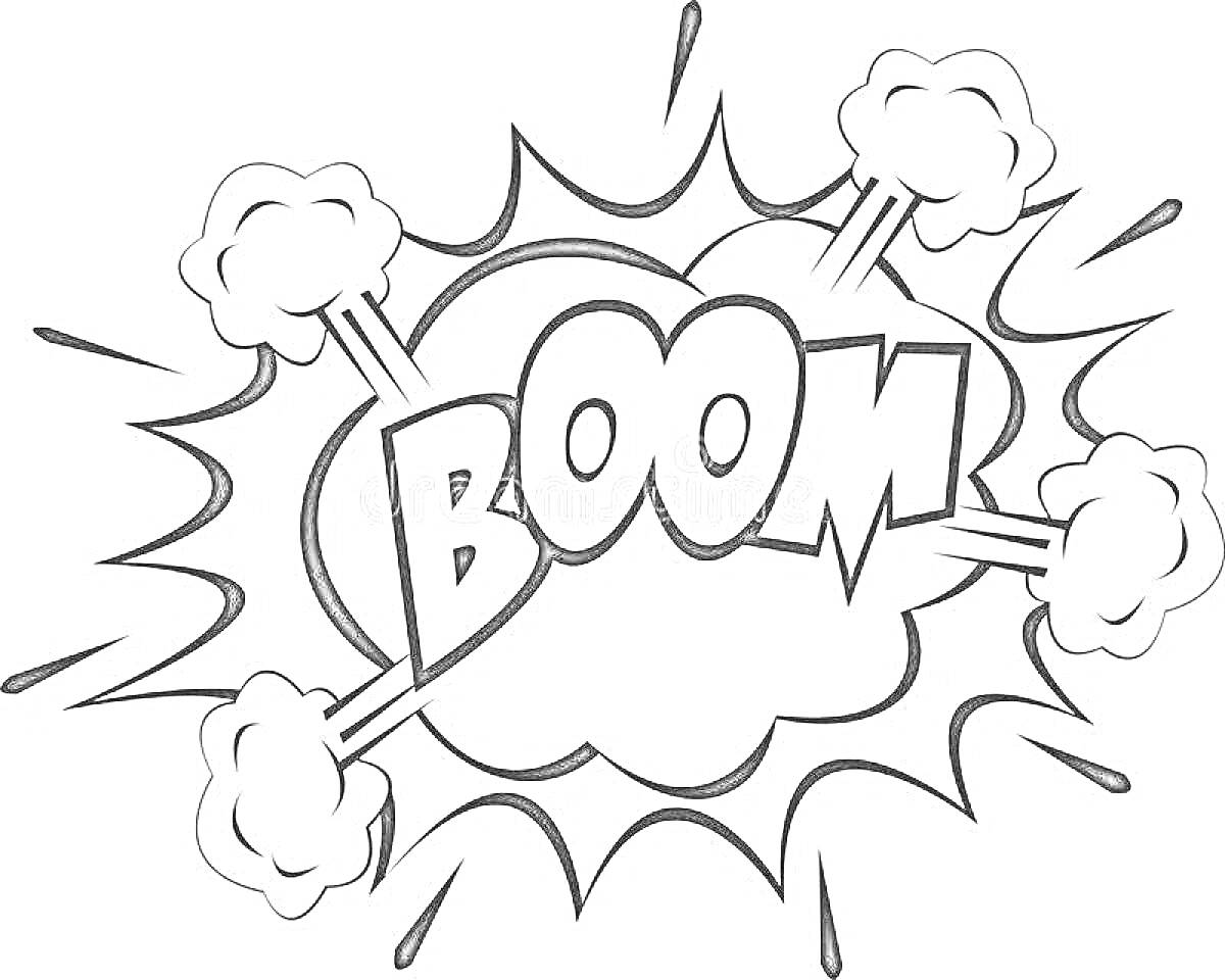 На раскраске изображено: Взрыв, BOOM, Линии, Комиксы