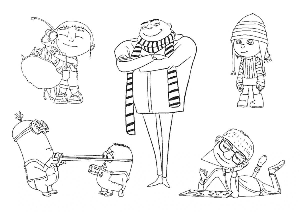 На раскраске изображено: Грю, Миньоны, Малыш, Девочка, Мальчик, Шапка