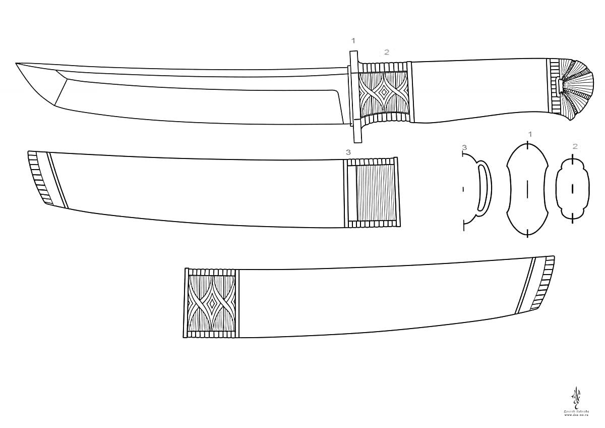 Раскраска Схема ножа танто с деталями рукоятки, ножен и гарды