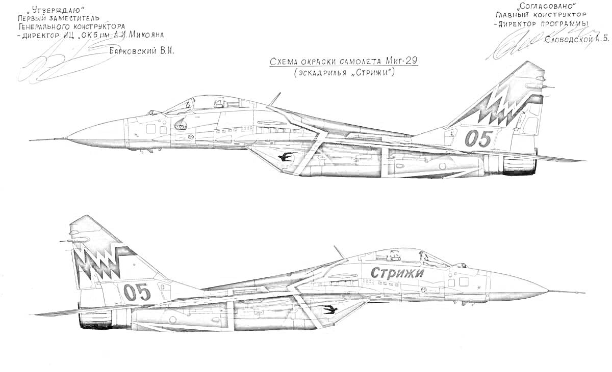 Раскраска Два боевых самолета МиГ-29 с бортовым номером 05, истребительная эскадрилья 