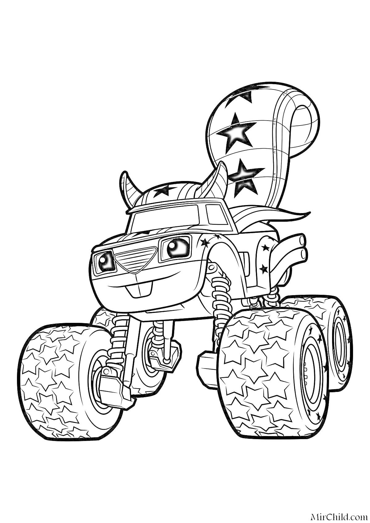 Раскраска Гоночная машина-смельчак с ушами и хвостом с узором звезд