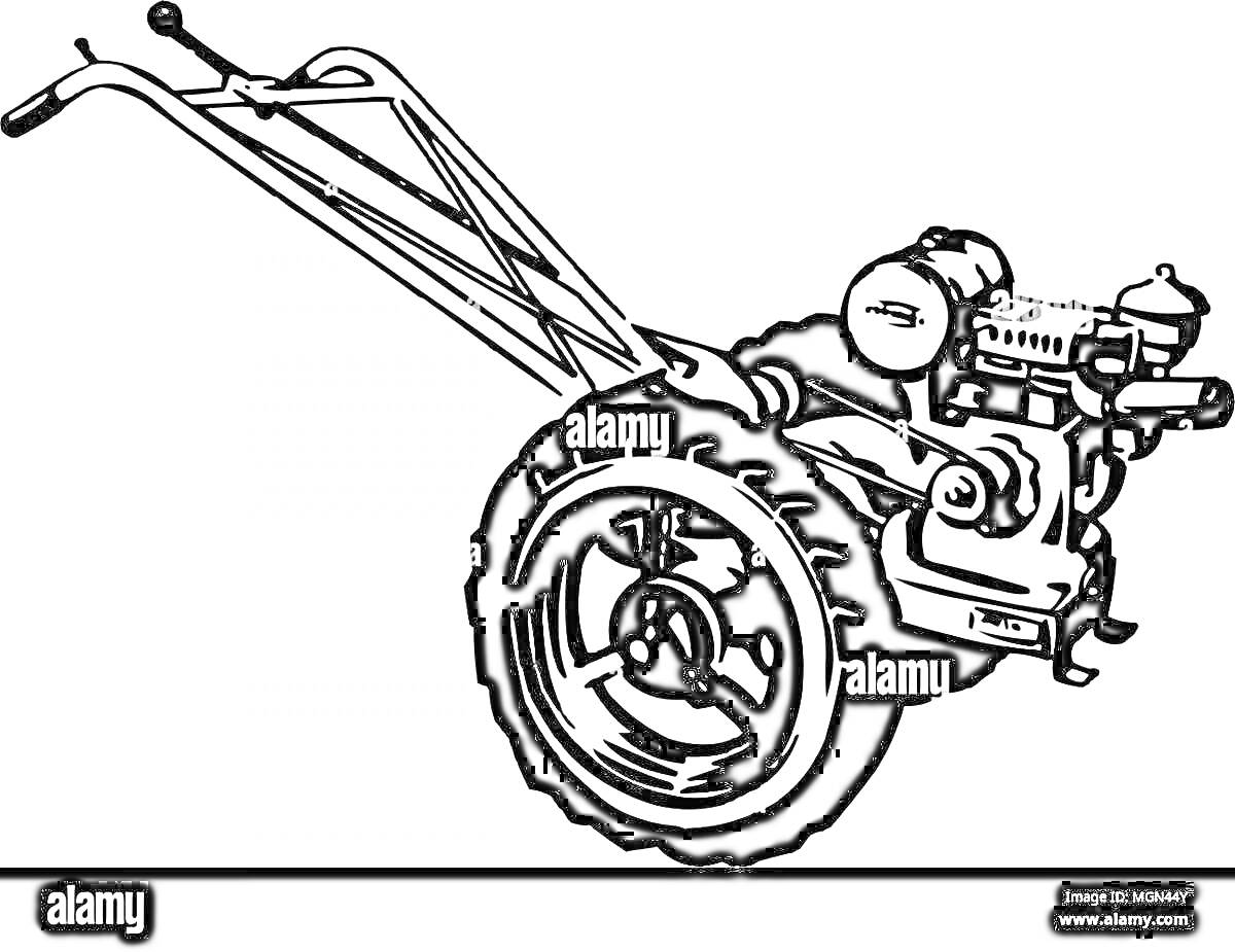 На раскраске изображено: Мотоблок, Инструмент, Агротехника