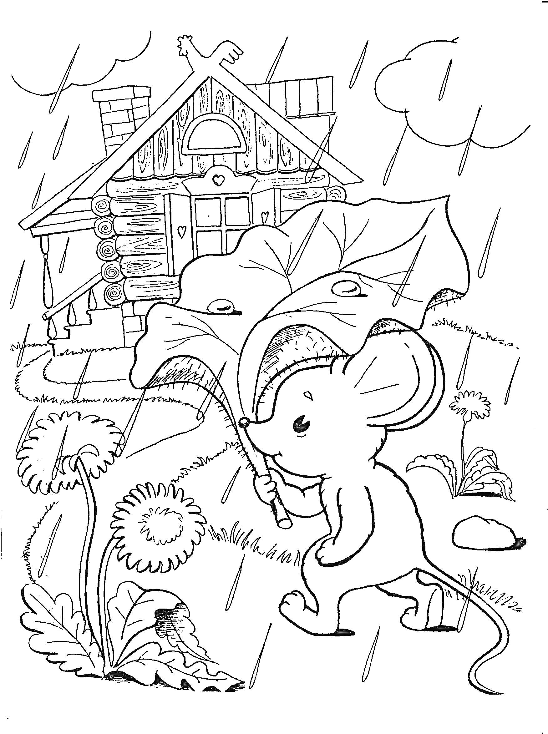 На раскраске изображено: Теремок, Дождь, Цветы, Крыша, Деревья, Из сказок, Листья, Мышь