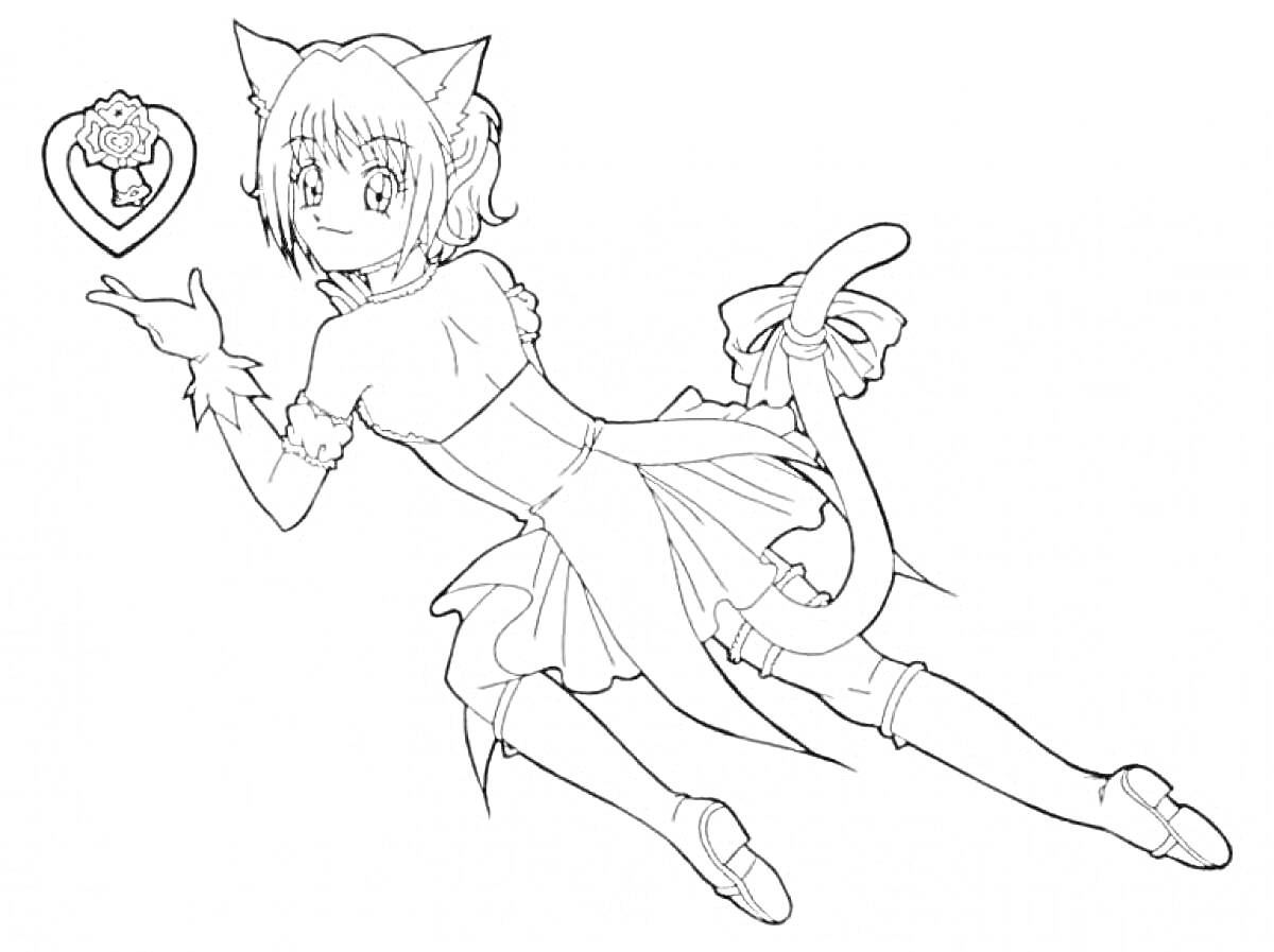 Раскраска Девушка с ушками и хвостом кошки в платье с сердцем и цветком