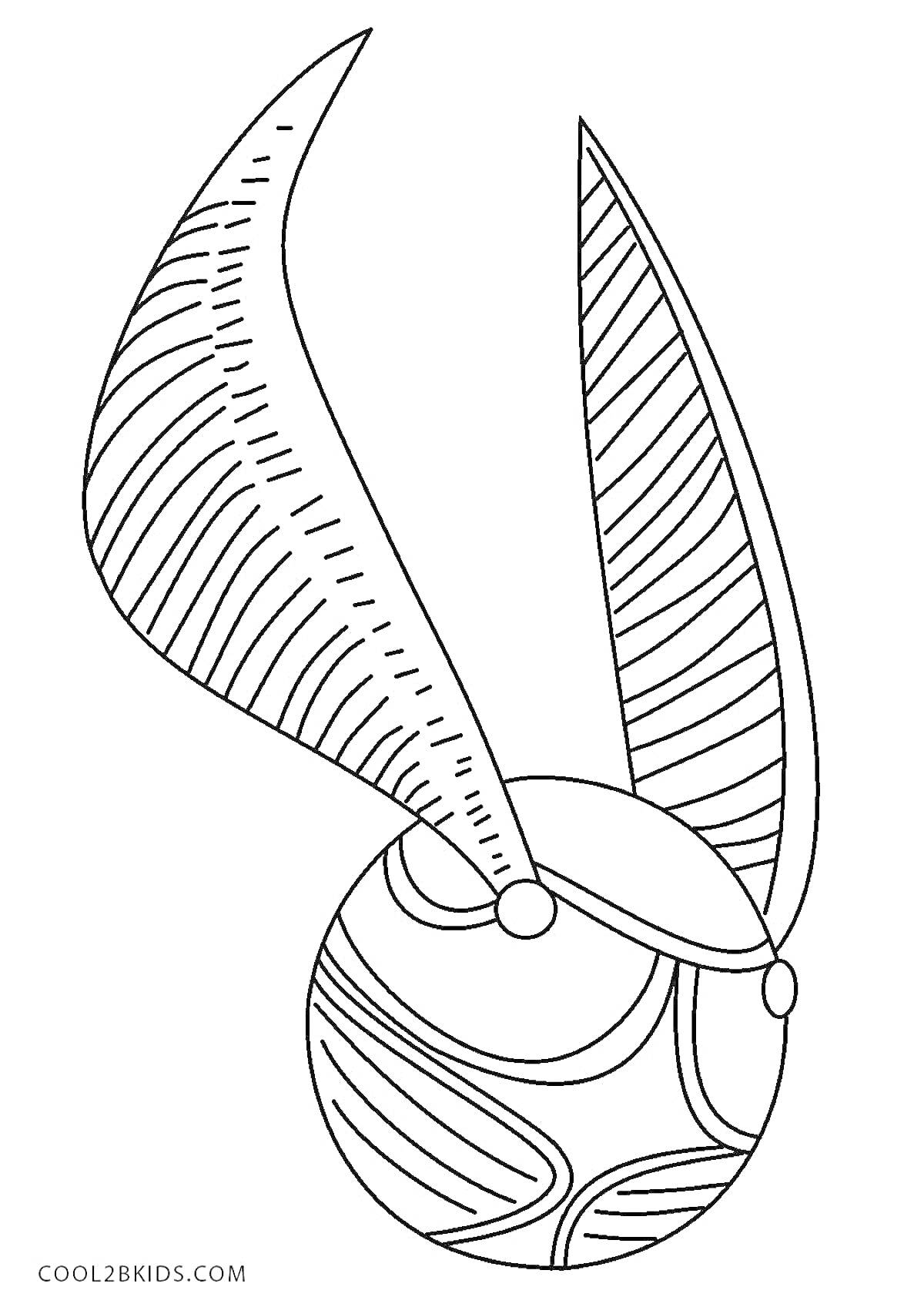 Раскраска Снитч с большими крыльями и узорами на шарах и крыльях