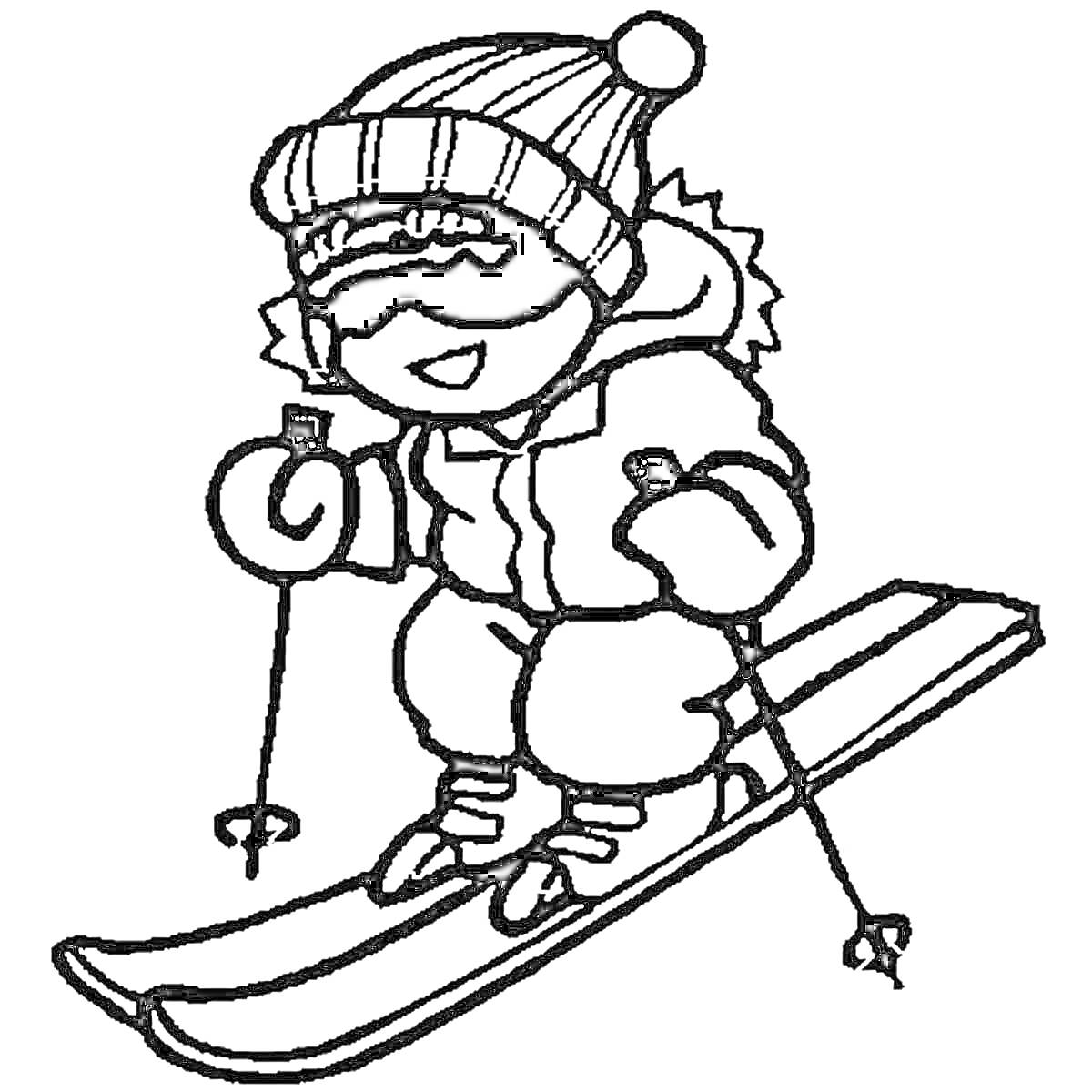 Раскраска Лыжник в шапке с помпоном и куртке, на лыжах с палками