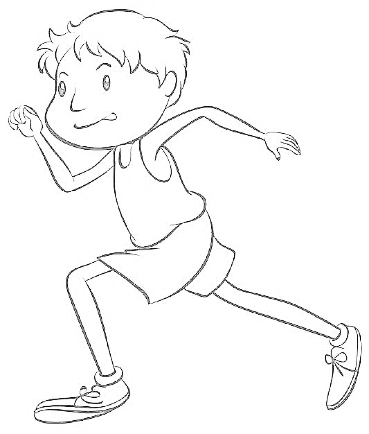 Раскраска мальчик в майке и шортах, бегущий в кроссовках