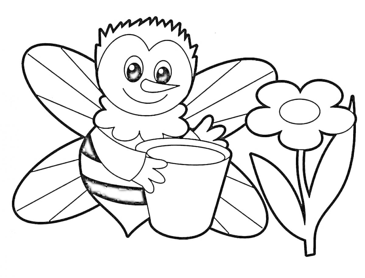 На раскраске изображено: Пчелка, Ведёрко, Для детей, 3 года, 4 года, Природа, Цветы, Насекомое