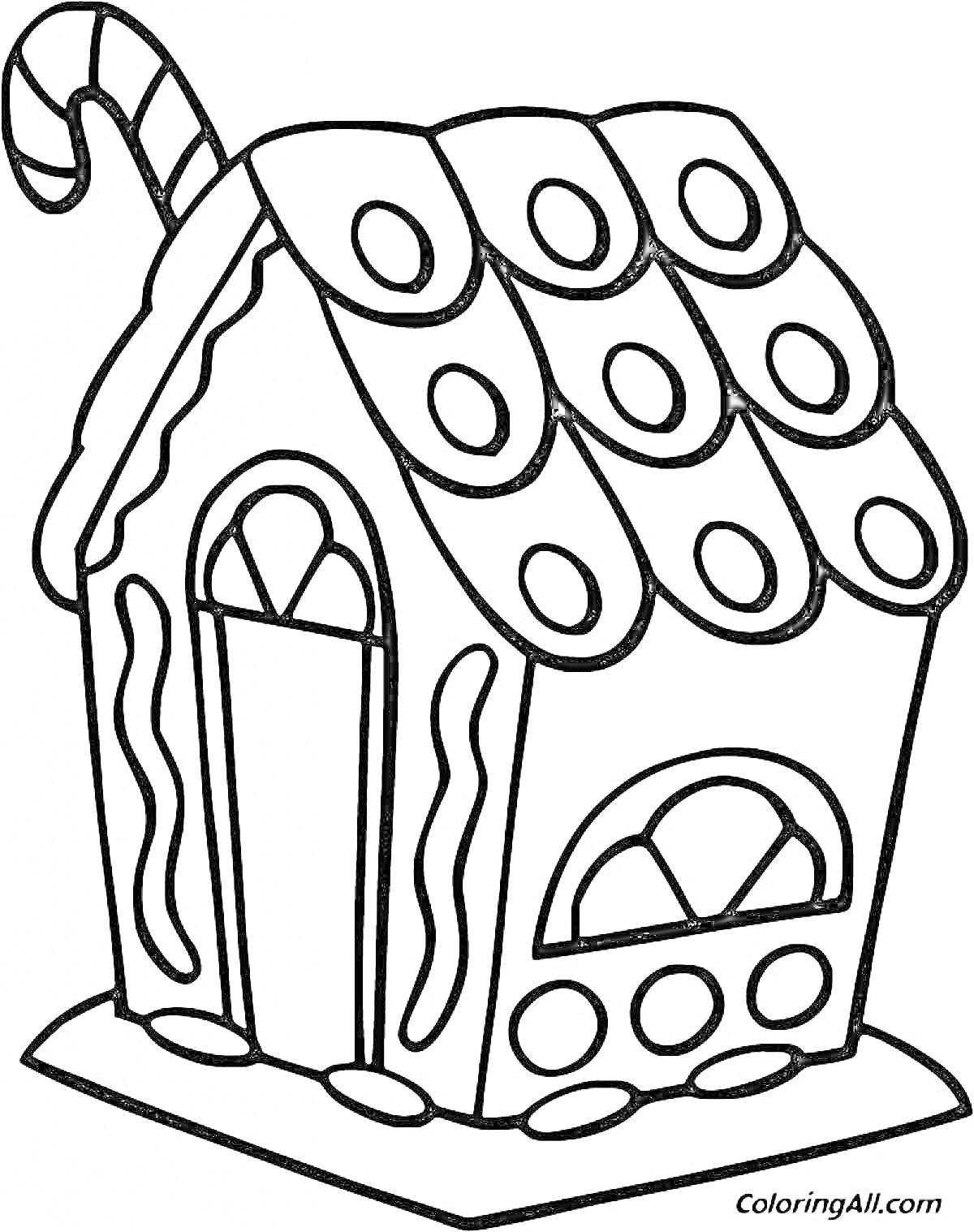 РаскраскаПряничный домик с конфетным тростником, окном и дверью, украшенный круглыми и волнистыми элементами