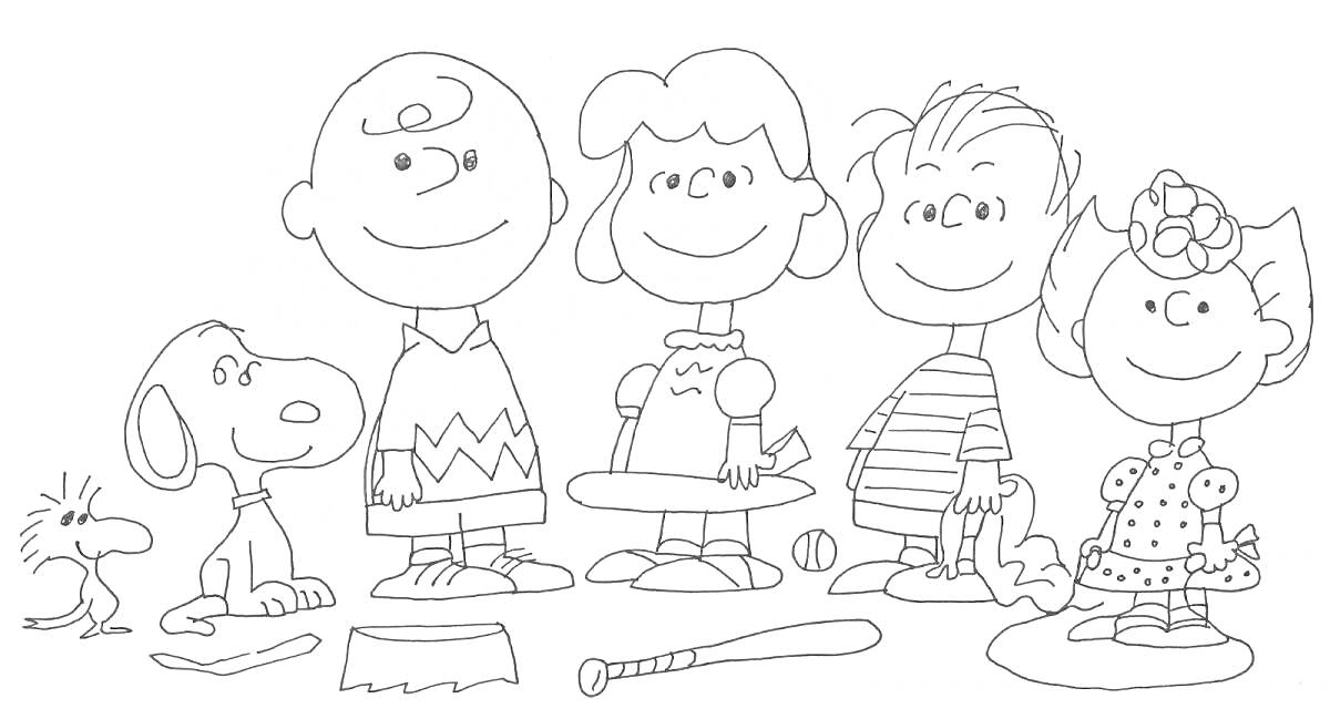 Раскраска Пять персонажей вместе с собакой и птицей, бейсбольная бита, бейсбольная перчатка, бейсбольный мяч