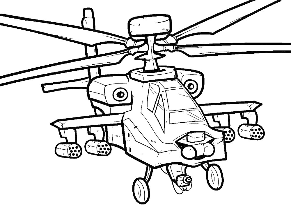 Раскраска Вертолет с вооружением, лопастями и шасси