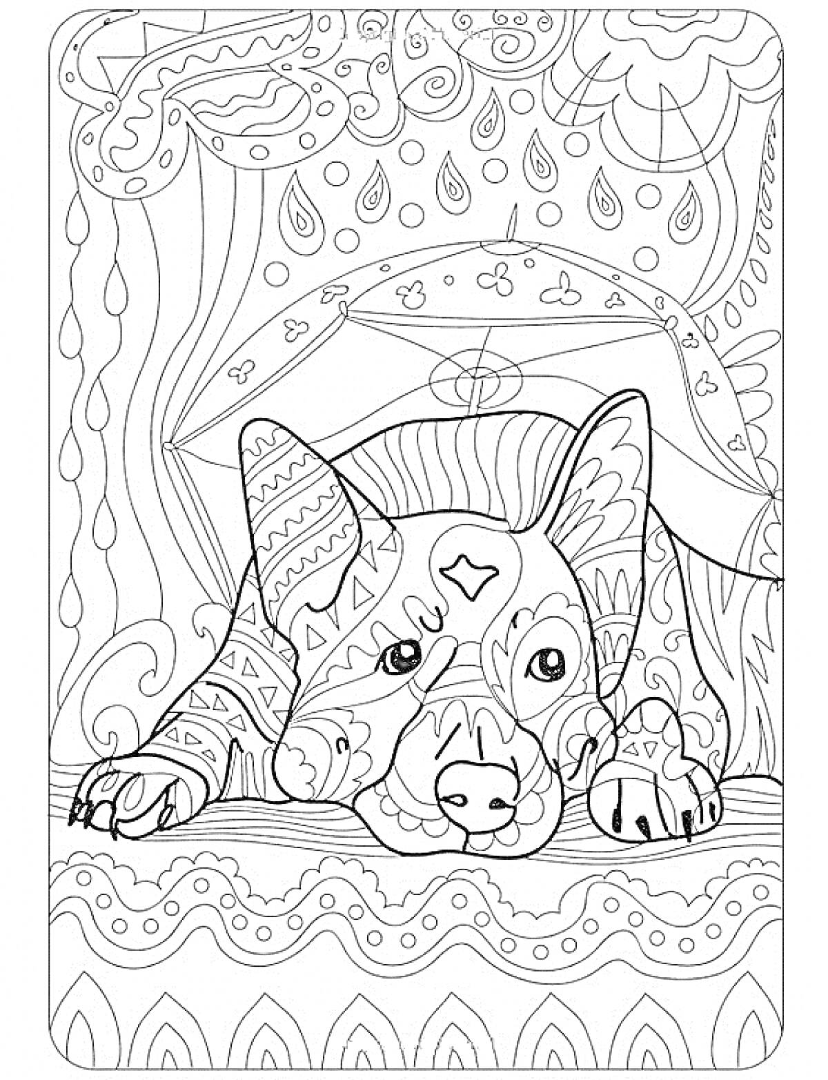 Собака с декоративными узорами, крупные лапы, задний план с абстрактными элементами: капли, линии, завитки