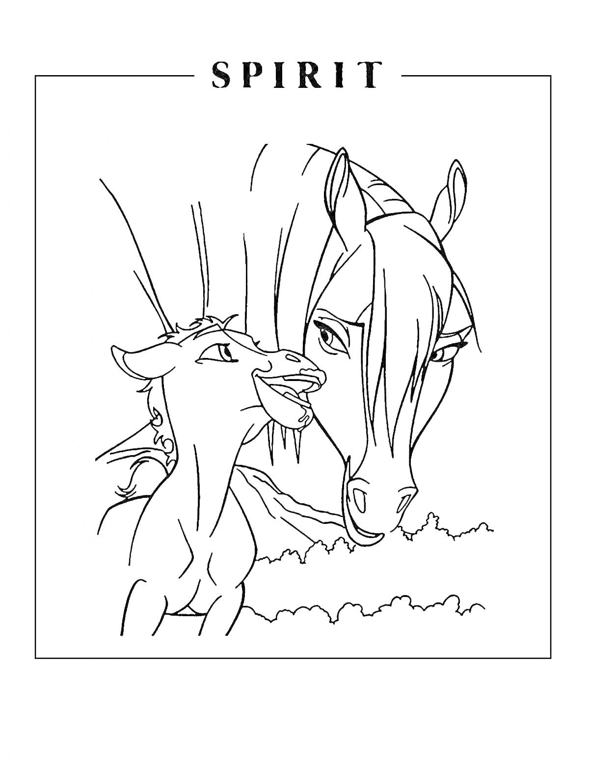На раскраске изображено: Спирит, Лошадь, Лес, Животные