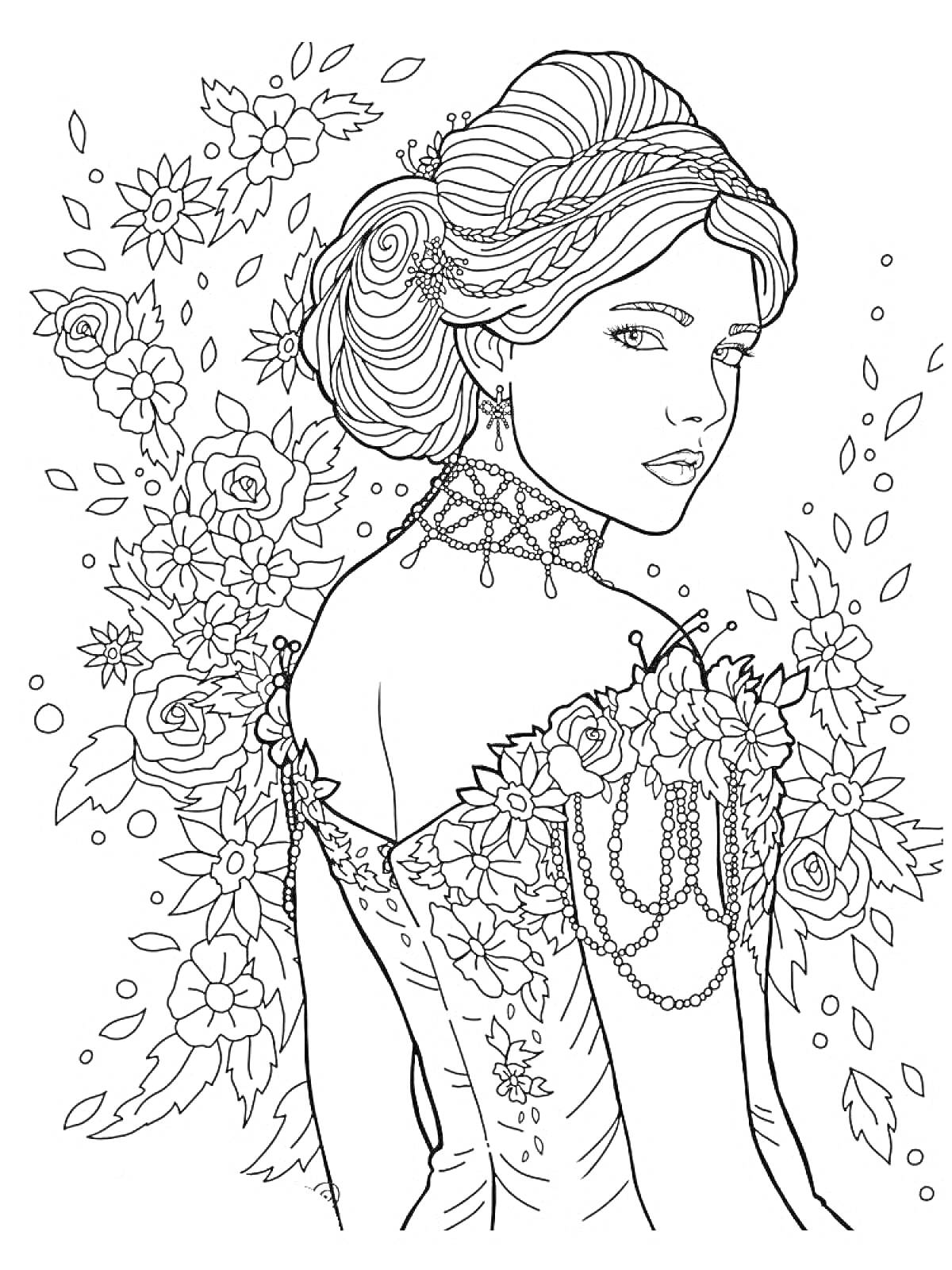 Раскраска Девушка с цветами в вечернем платье