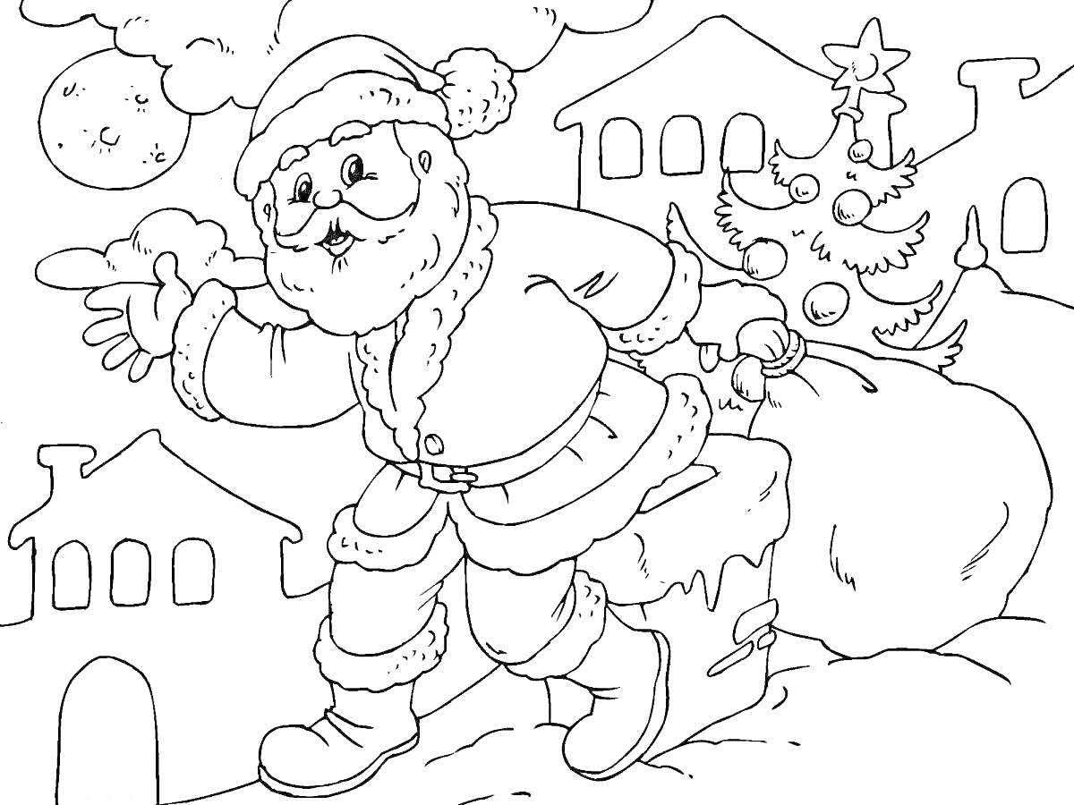 Раскраска Санта-Клаус с мешком подарков на фоне заснеженных домов, елки и луны