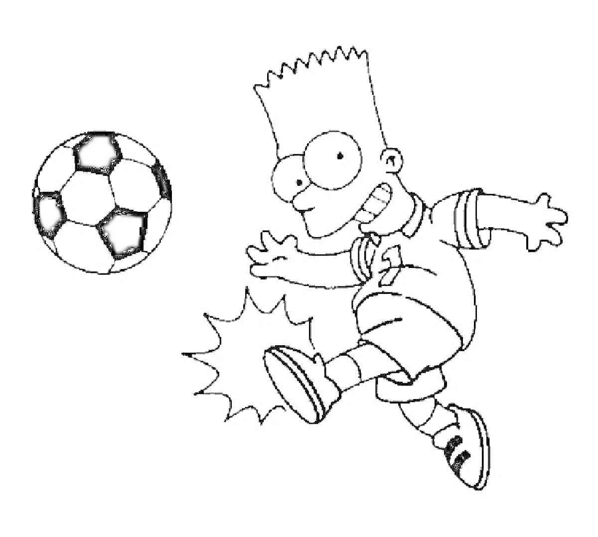 На раскраске изображено: Футбол, Удар, Спорт, Мальчик, Спортивная одежда, Ребенок, Игра, Анимация