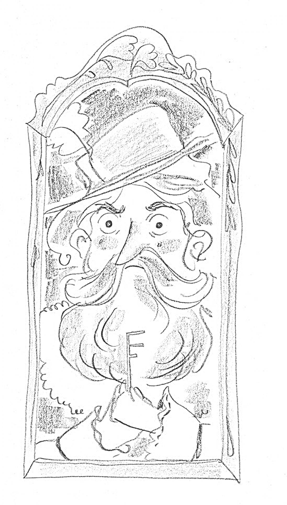 Раскраска Портрет Синей Бороды с ключом в руке в декоративной рамке