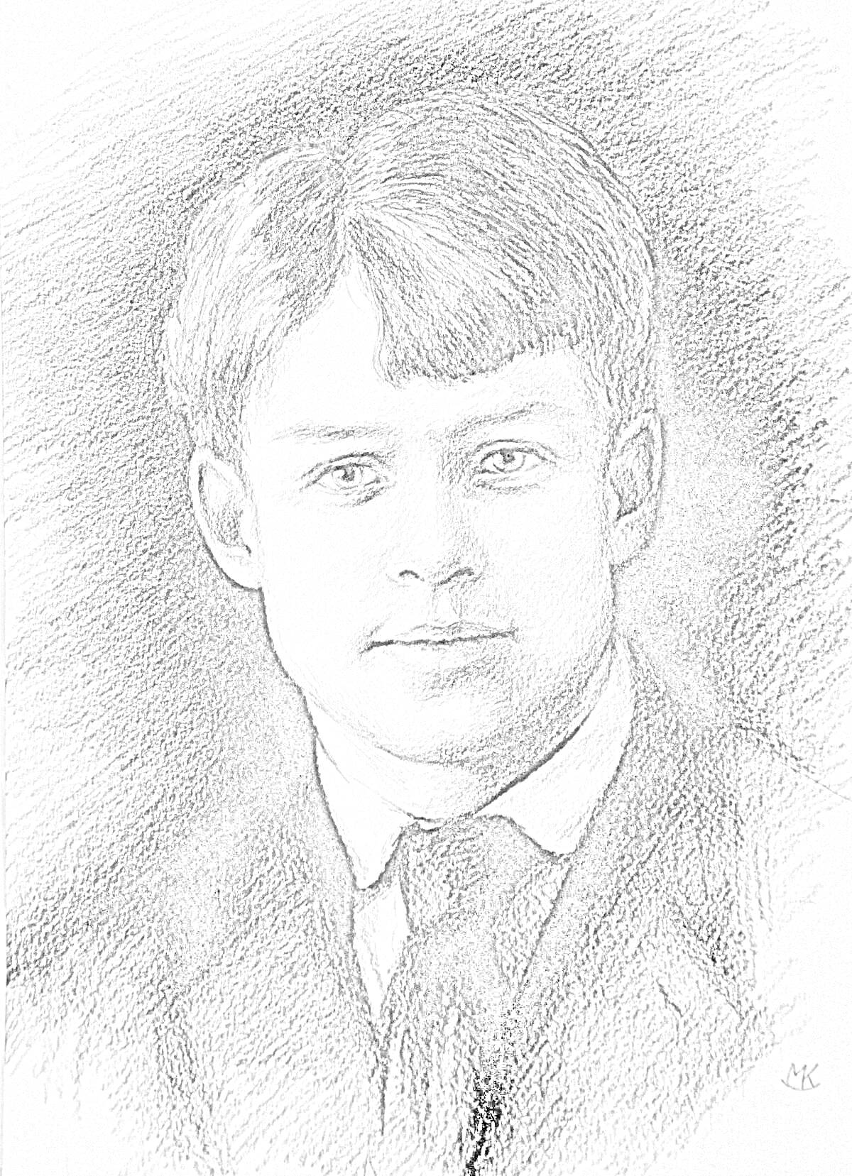 Раскраска Чёрно-белый портрет молодого человека в костюме и галстуке с лёгкой румянцем на щеках