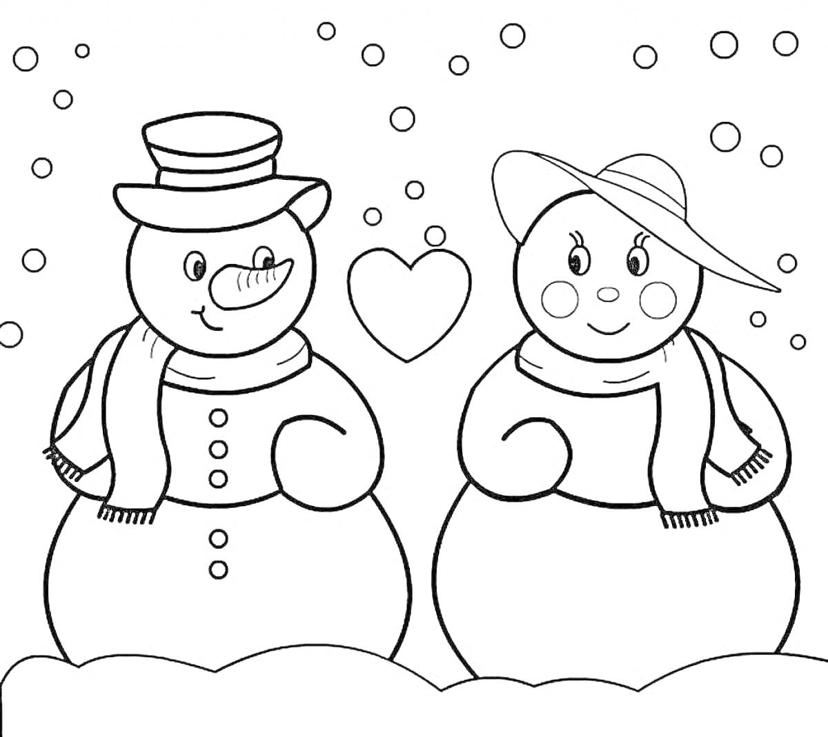 На раскраске изображено: Снеговики, Зима, Снежинки, Любовь