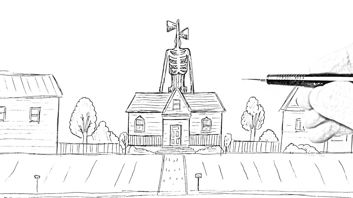 На раскраске изображено: Сиреноголовый, Дом, Деревня, Деревья, Улицы