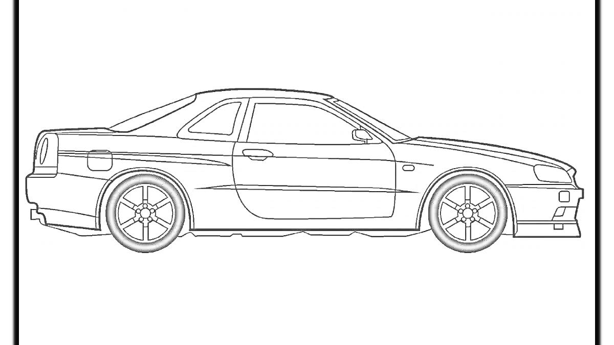 Раскраска Черно-белый контурный рисунок автомобиля Mark 2, боковой вид, с колесами, дверями, окнами и фарами