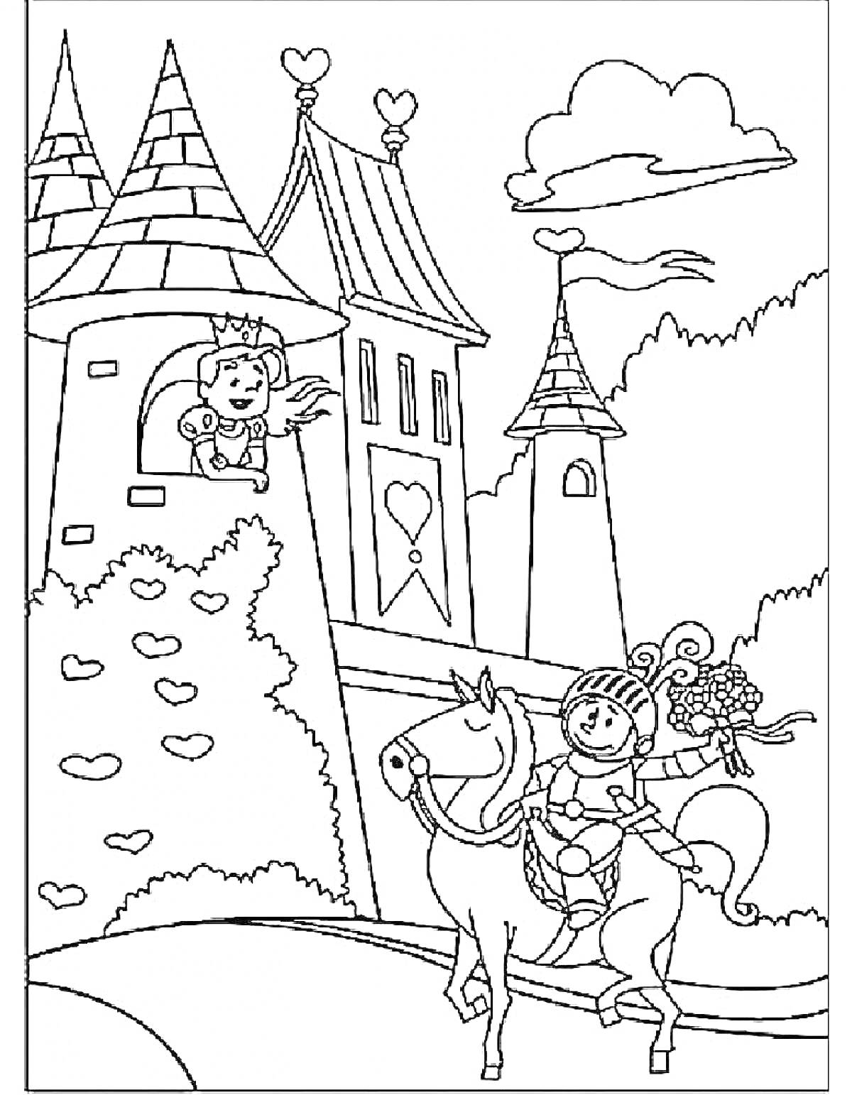 На раскраске изображено: Замок, Принцесса, Конь, Цветы, Башни, Облака, Деревья, Природа, Букет цветов, Рыцари, Сердца