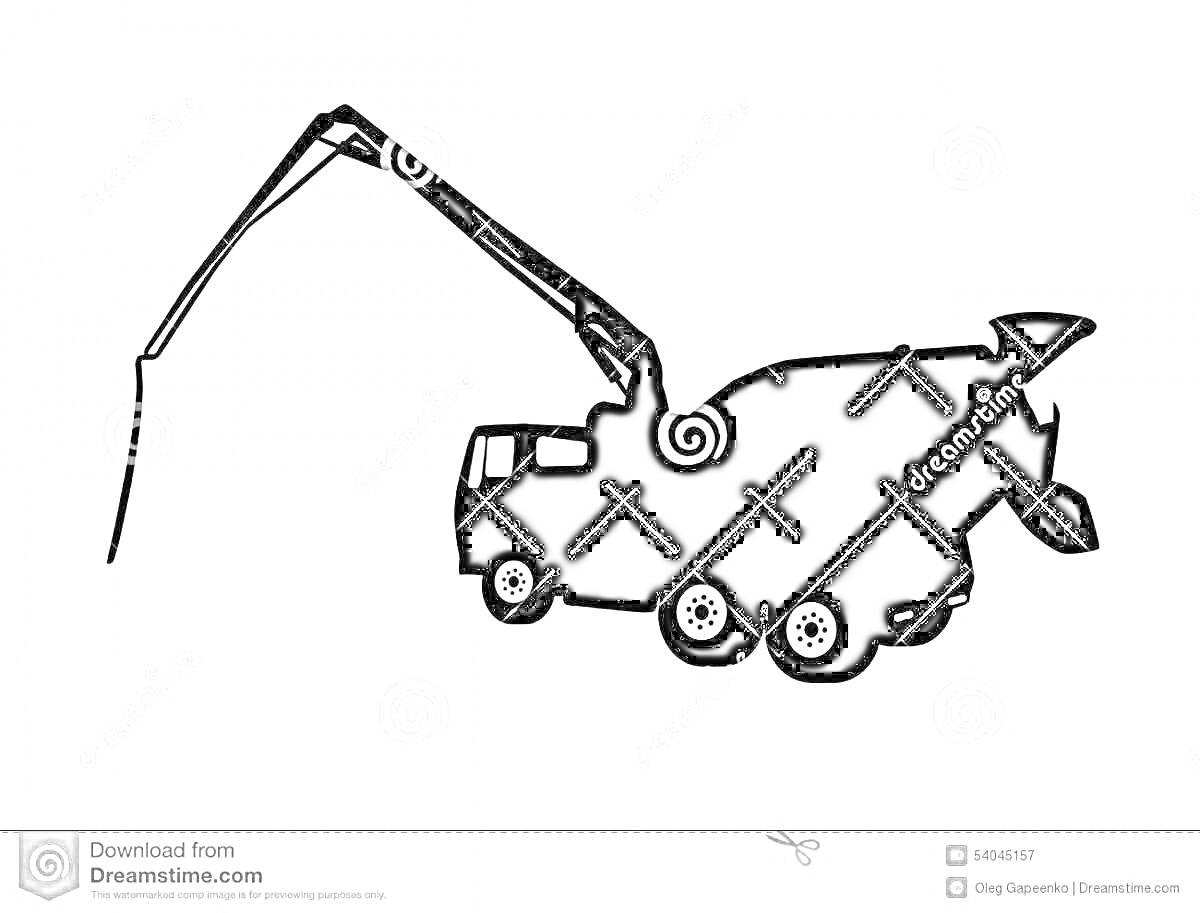 Силуэт грузовика с бетононасосом, подъемная стрела, бочка для бетона на шасси с колесами