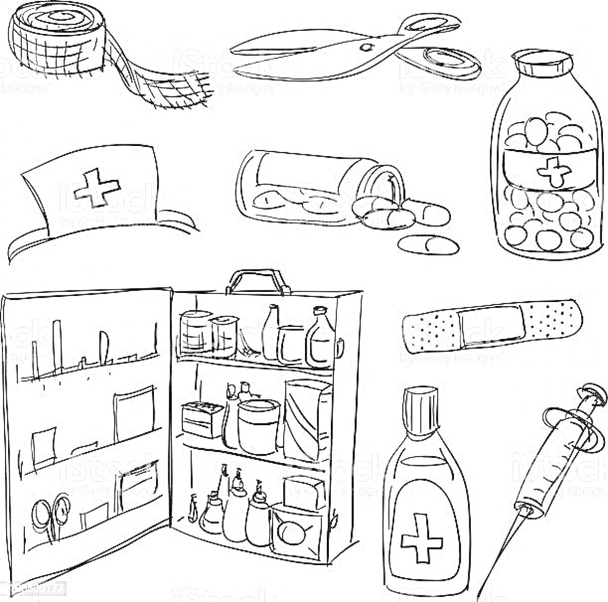 Аптечка с содержимым, скотч, ножницы, пузырек с таблетками, шапочка медсестры, контейнер с таблетками, пластырь, бутылочка с жидкостью, шприц