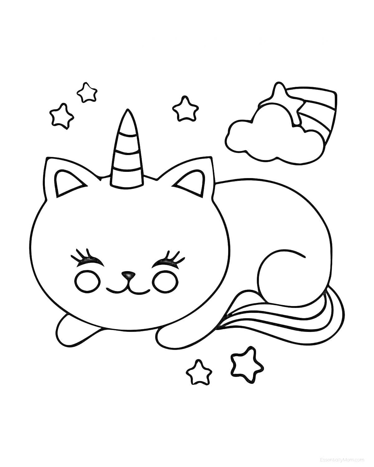 Раскраска Кот-единорог с закрытыми глазами, радужный хвост, облако и звезды