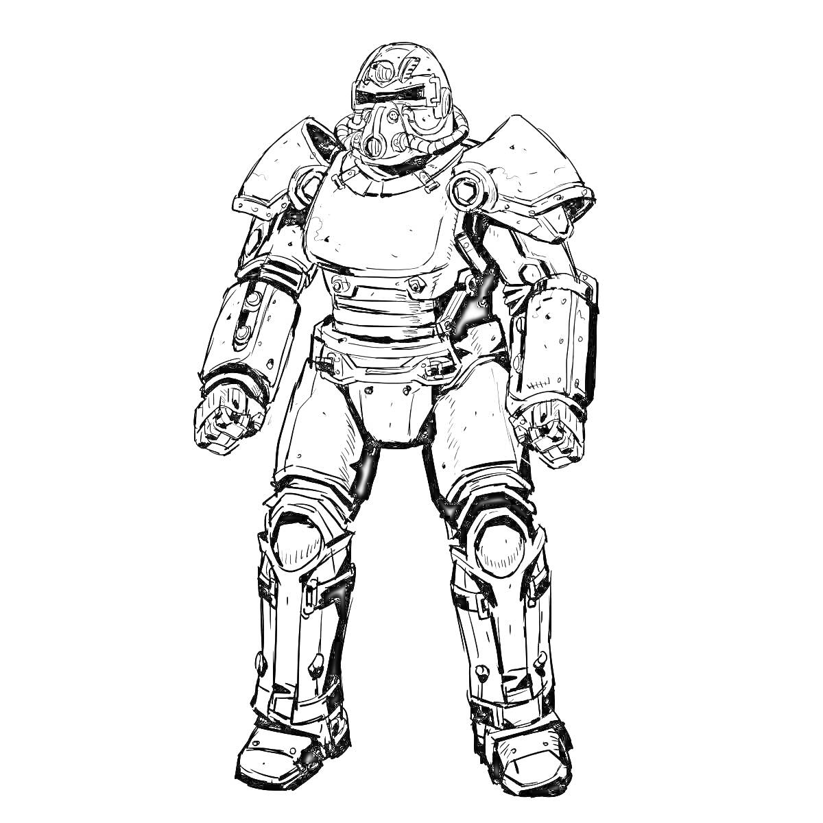Раскраска Рисунок силовой брони из Fallout 4 с шлемом и броней на плечах, груди, руках и ногах