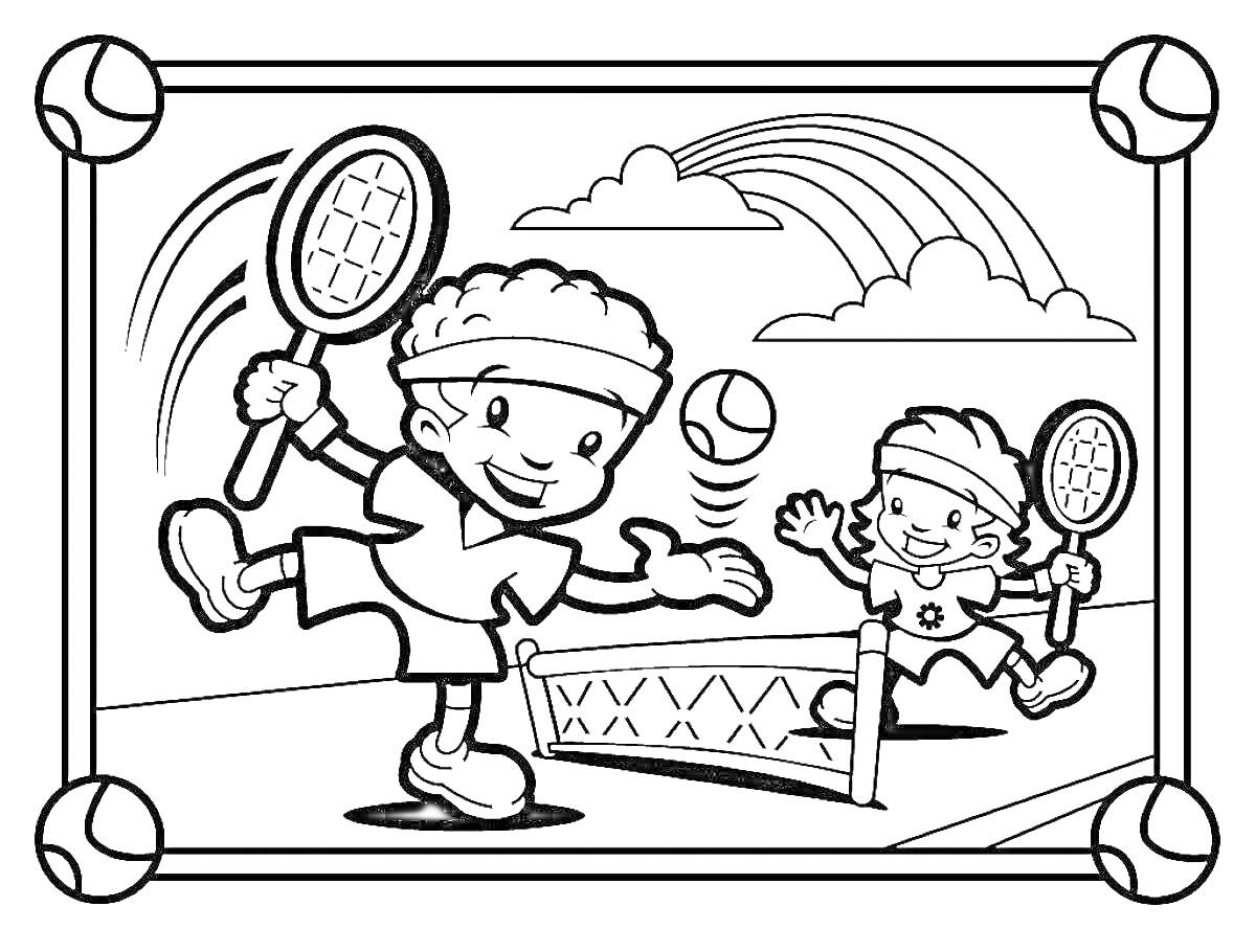 Раскраска Двое детей играют в теннис на корте, облака, радуга, теннисный мяч, теннисные ракетки, сетка, боковые очки по углам рисунка