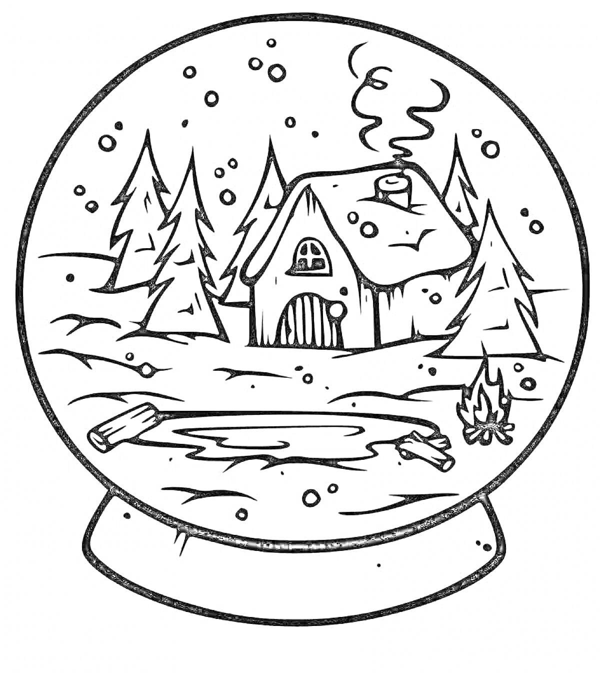 Раскраска Новогодний шар со снежным пейзажем, домиком, деревьями и костром