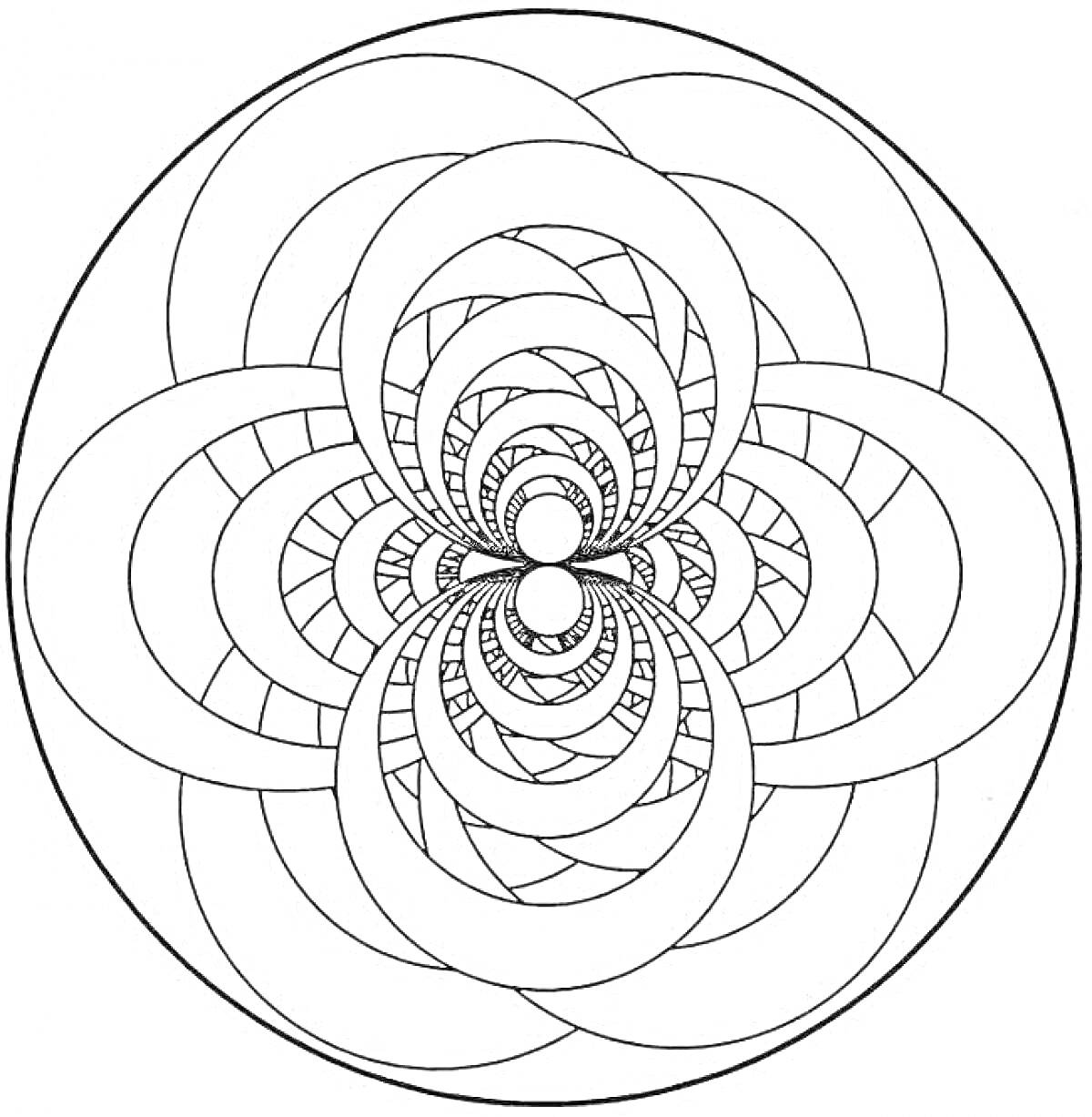 На раскраске изображено: Спираль, Круги, Концентрические круги, Антистресс, Узоры, Геометрические узоры