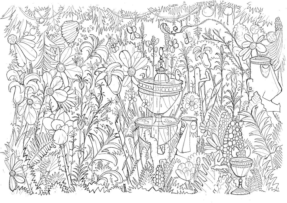 На раскраске изображено: Сад, Фонтан, Цветы, Статуэтка, Растения, Листья, Цветник, Пейзаж