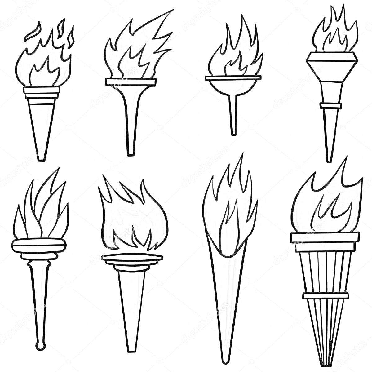 Раскраска Восемь факелов с различной формой огня и ручек для раскраски