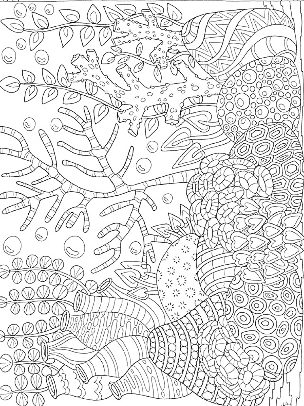 На раскраске изображено: Подводный мир, Антистресс, Кораллы, Водоросли, Морские звезды, Листья, Узоры