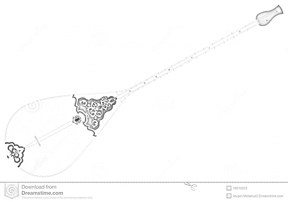 На раскраске изображено: Домбыра, Орнамент, Казахская культура, Для детей, Струнный инструмент, Музыкальные инструменты